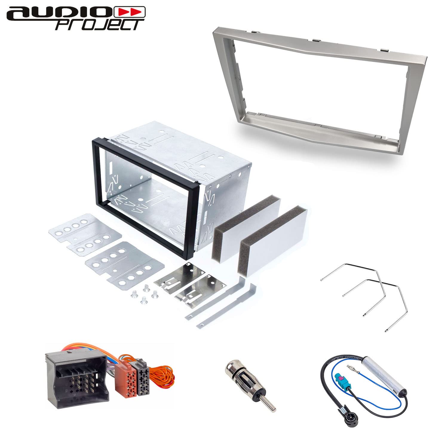 Audioproject A452 - Cache-Radio Set Double DIN Compatible avec Opel Corsa D Astra H Zafira B Tigra Antara Vivaro 2-DIN métal encastré Adaptateur Radio Adaptateur d'antenne argenté