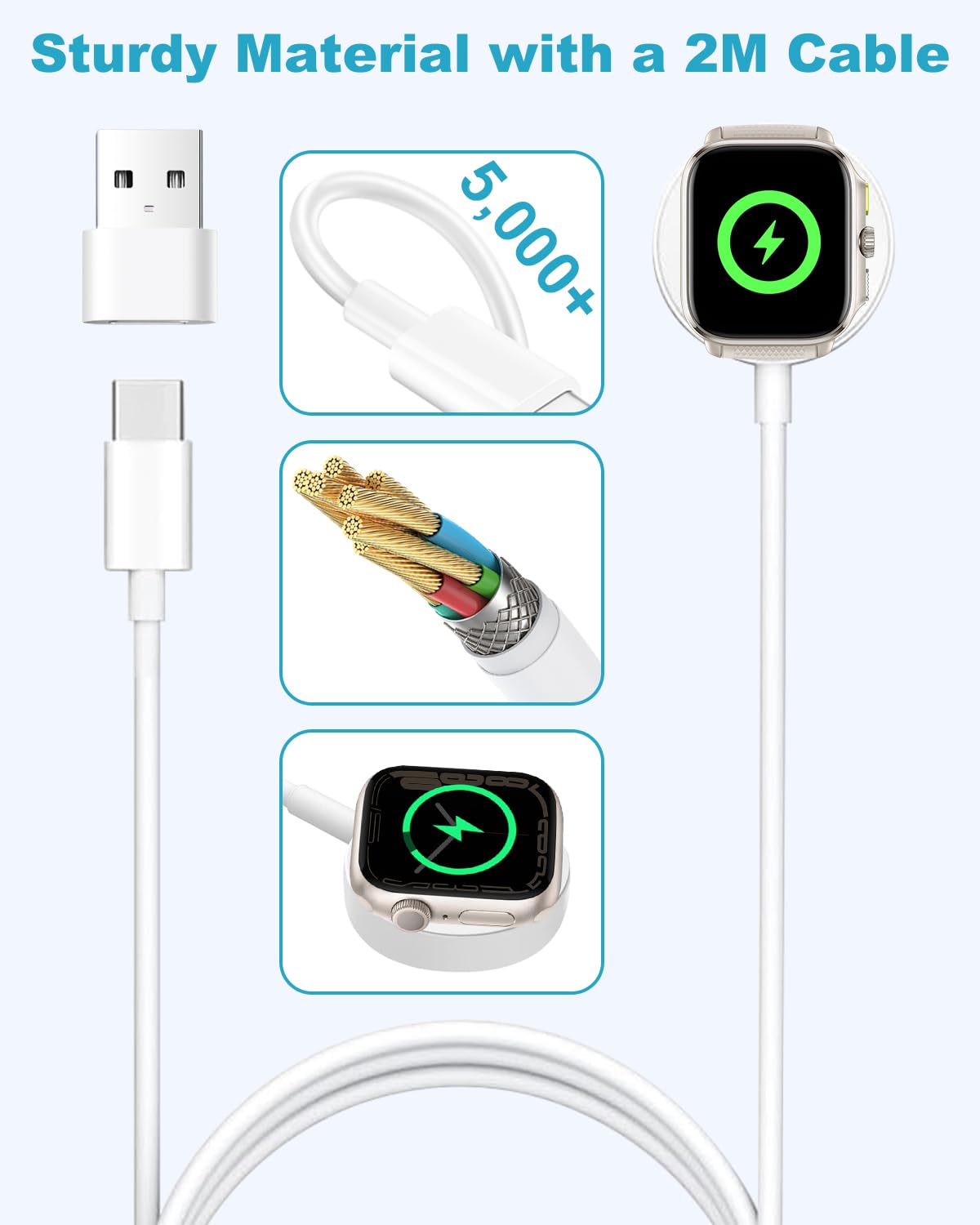 Kabel do ładowania Apple Watch, ładowarka Apple Watch 2M USB-C magnetyczna stacja dokująca, kabel ładowarki Apple Watch do Apple Watch Seria 10/9/8/7/6/5/4/3/2/SE/Ultra