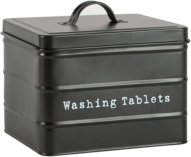 Harbour Housewares Vintage Metal Washing Tablets Storage Tin - Utility Storage Canister - 18cm - Black