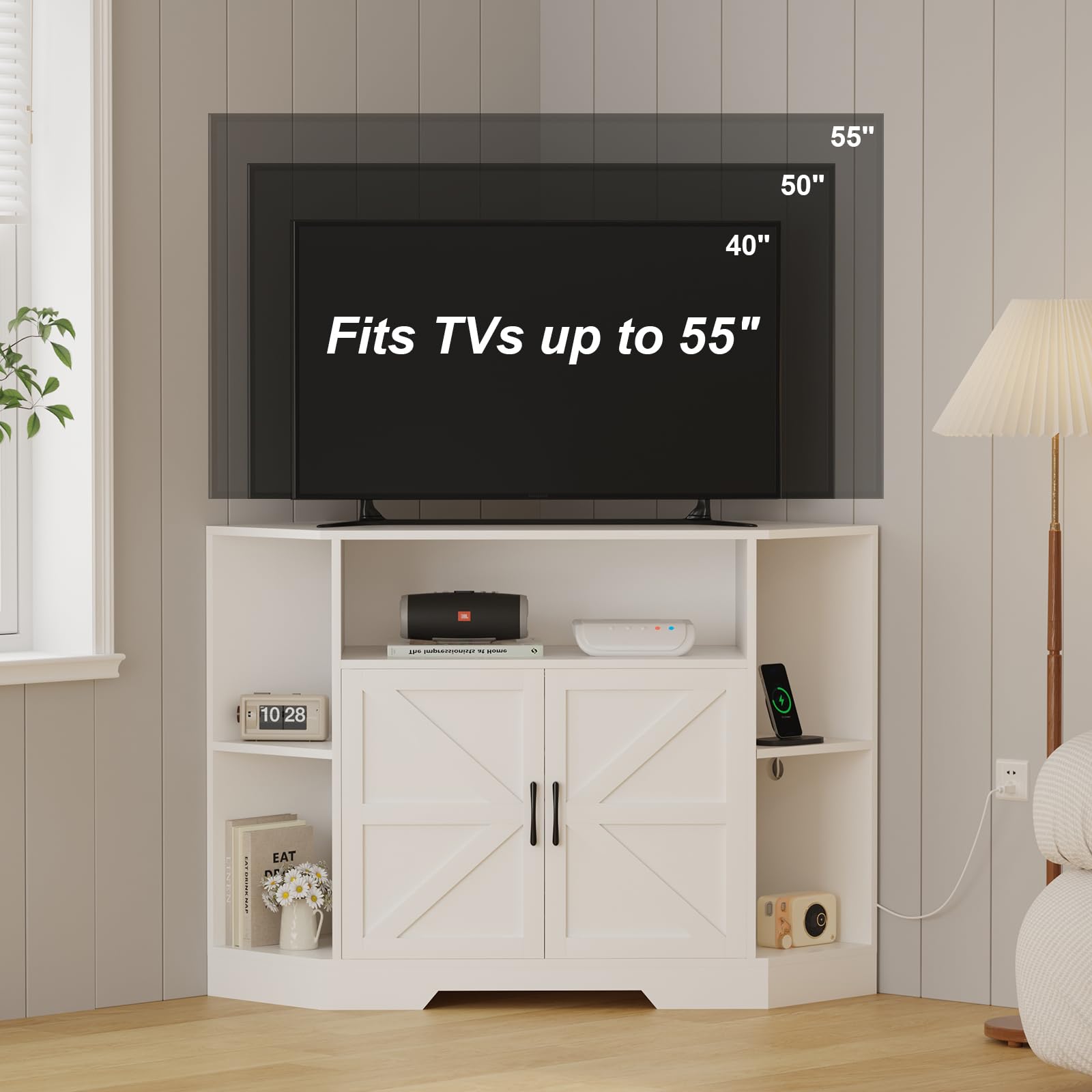 IDEALHOUSE Eck-TV-Lowboard bis 55 Zoll - Modern Farmhouse/Mid-Century TV-Schrank mit Steckdosenleiste - Stauraum mit Schrank & Glasfronten - Farbe: Weiß