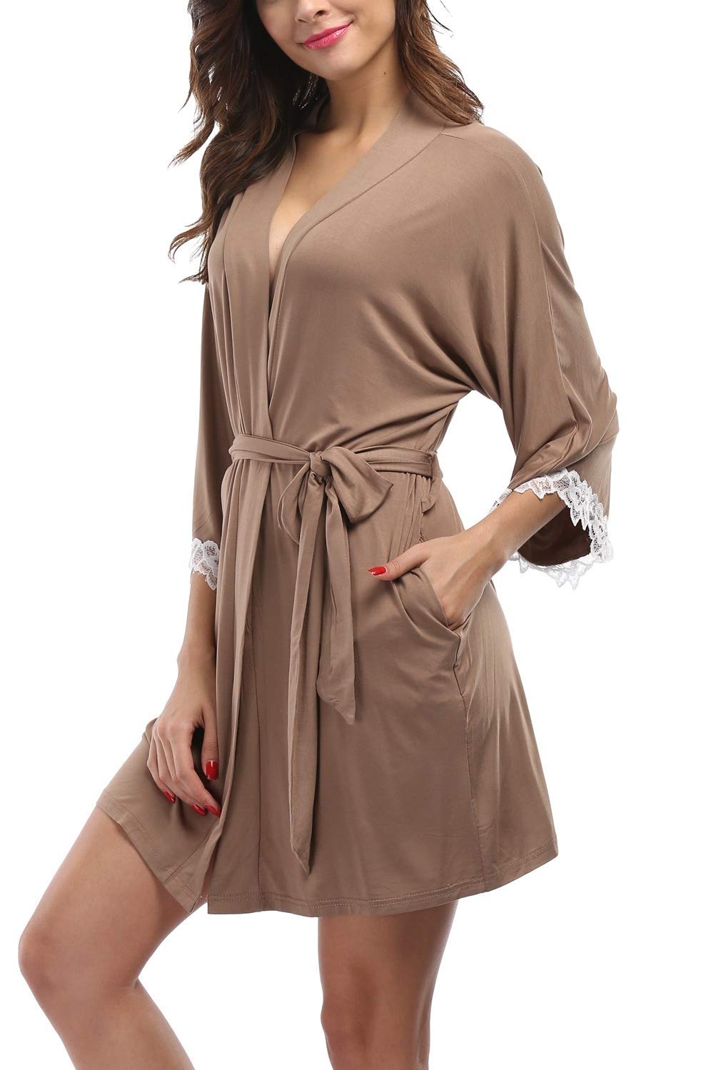 Old-Times Womens Soft Kimono Robes Short Bathrobes Long Sleeve Sleepwear Lightweight Loungewear with Pockets