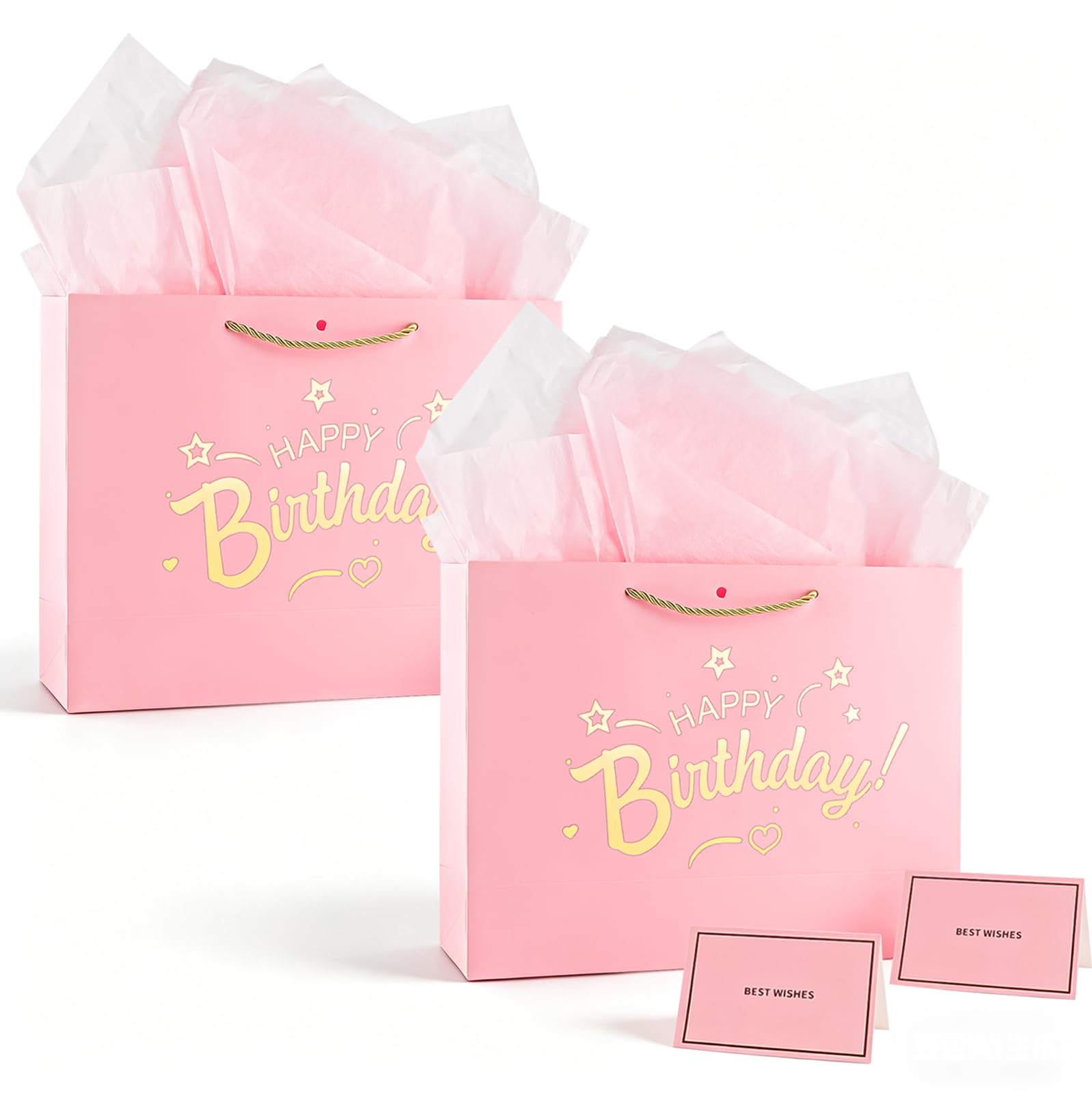 2PCS Pink Birthday Gift Bag for Girls, 32 * 25CM Paper Gift Bag with Tissue Paper and Cards, Pink Present Bags with Handles for Girls Women Her — image 1