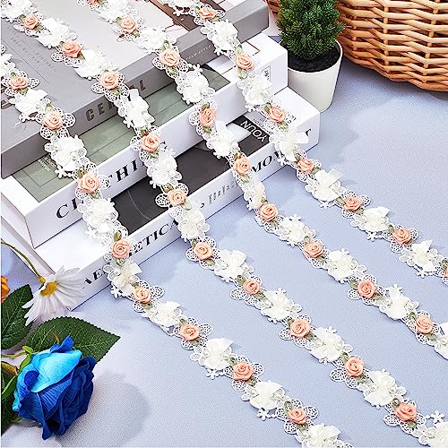 GORGECRAFT 3 Yards Pearl Flower Beads Lace Edge Trim 35mm Width White Edging Trimmings Ribbon Rose Beads Bow Embroidered Floral Applique Fabric for DIY Sewing Craft Clothes Wedding Dress Embellishment - Image 3