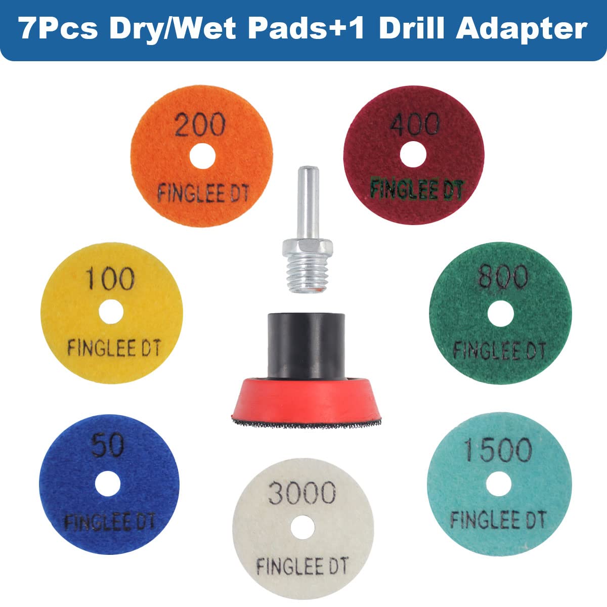2 Inch Diamond Polishing Pads with 7Pcs Dry Wet Granite Stone Polish Pad Kit for Drill，50-3000 Grit Polishing Pad (7Pcs Dry/Wet Pads+1 Drill Adapter)