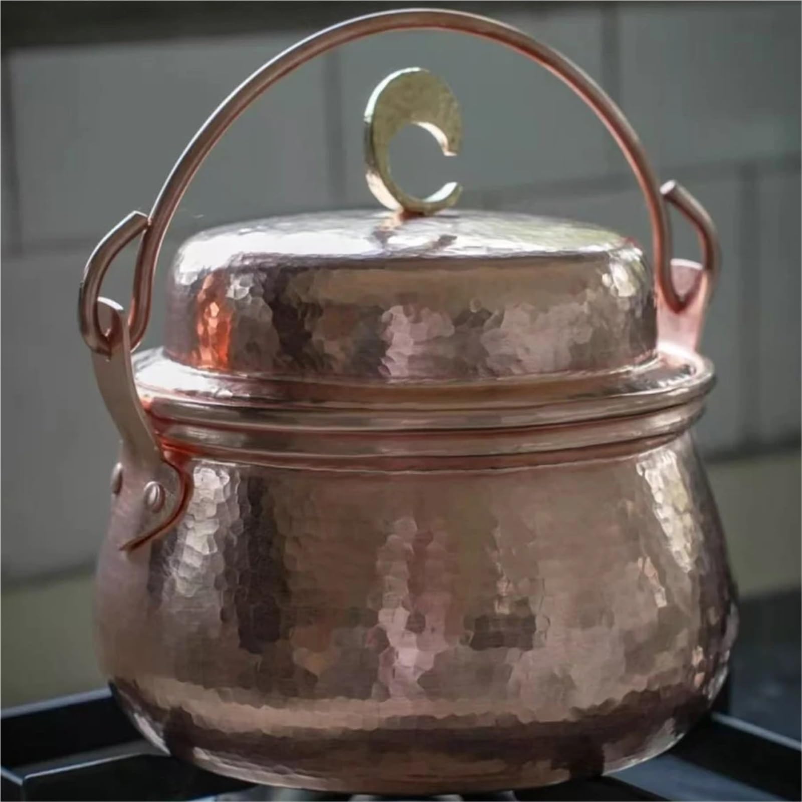 Hammered Kupfertopf Handgefertigter Vintage-Kupfertopf, tragbarer Camping-Topf mit Deckel, Kochutensilien for Köcheln von Speisen, 15 cm Hammerstruktur