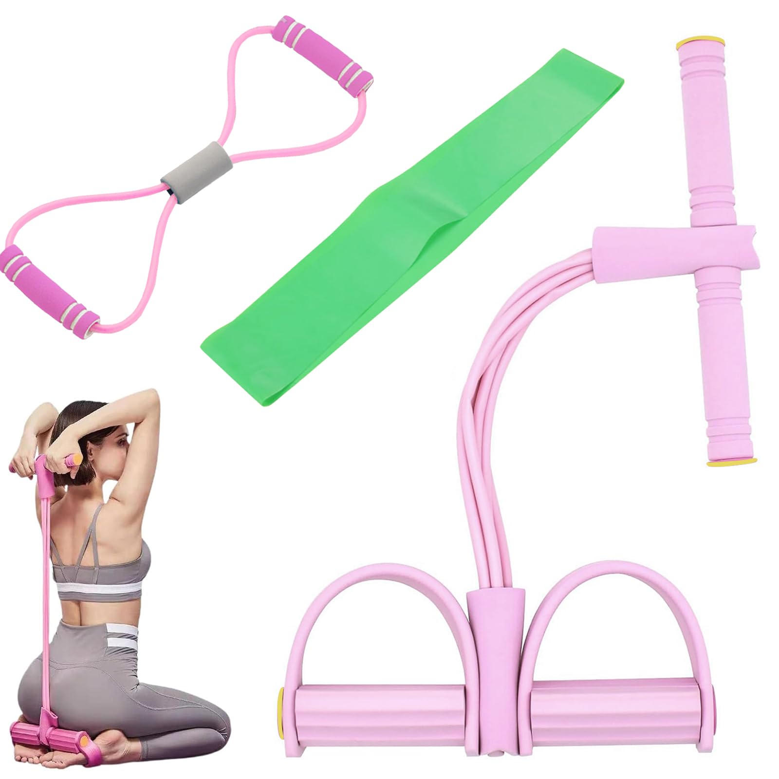 XoeLLe Resistance Bands Set, Figure 8 Stretch Exercise Band, Sit-up Pull Rope Fitness, Tension Rope Sport Trainer, Tummy Trimmer, Home Gym Equipment for Women/Men, Arm Leg Slimming Training (pink)