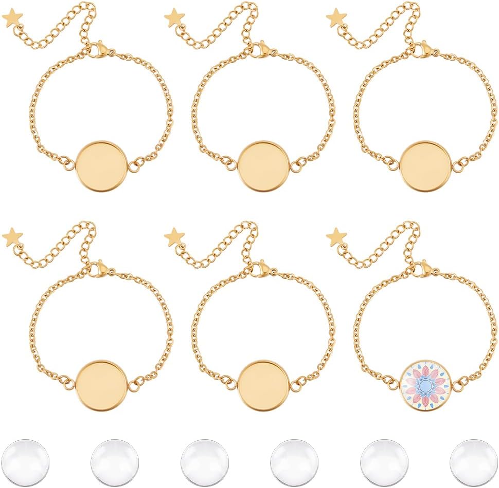 UNICRAFTALE 6 Sets Bracelet Bezel Settings Stainless Steel Bezel Bracelets Bracelets Blanks Adjustable Blank Tray Bangle Settings with Round Cabochon Gold Bezel Trays for Bracelet Making 14.4cm Long