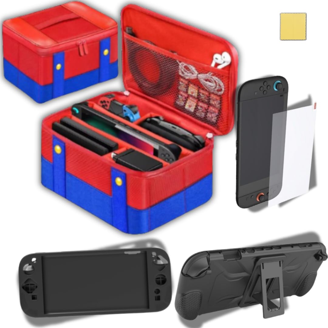 Complete Nintendo Switch 2 Red Protection & Accessory Kit – Shockproof EVA Travel Case, Tempered Glass Screen Protector, Ergonomic Silicone Grip with Stand, Bonus Stickers & Microfiber Cloth – All-in-One Gaming Bundle