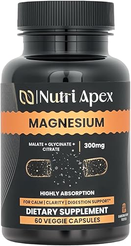 Complejo de magnesio de 300 mg – Malato, glicinato y citrato – 60 cápsulas vegetales | Relajación muscular, sueño, energía, estado de ánimo y apoyo
