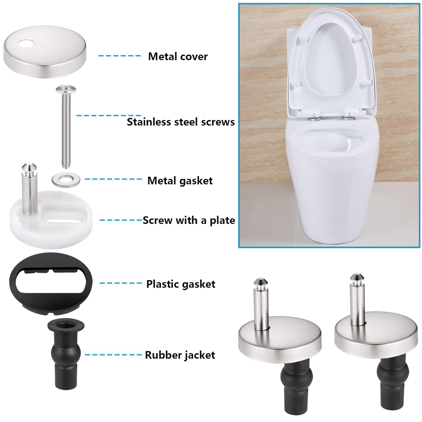 Tornillos para asiento de inodoro,2 Bisagras Tapa WC,Fijación de Asientos de Inodoro,con Goma Tornillos para Montar y Fijar la Tapa del Inodoro