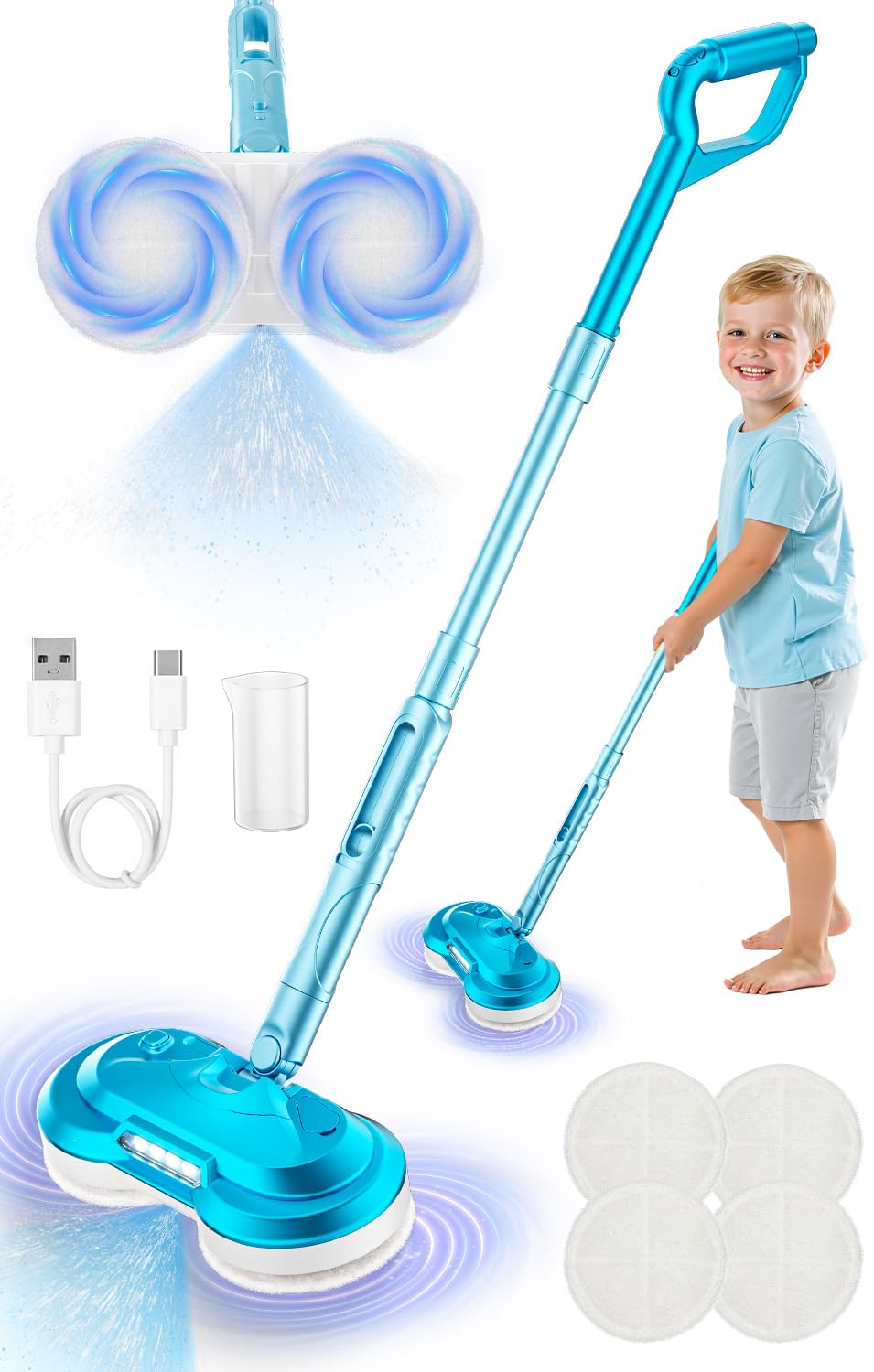 BLAXTEM Kids Electric Spray Spin Mop Toy, Rechargeable Cordless Electric Mop W/ LED Headlight & Water Sprayer for Children Ages 3 4 5 6+ Boys & Girls,