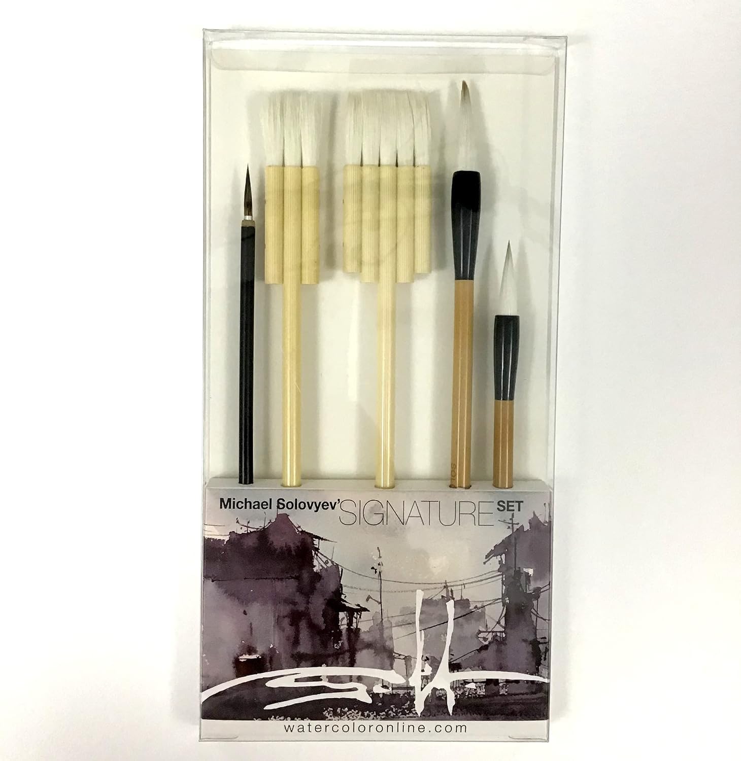 Michael Solovyev Signature - Juego de pinceles de acuarela hechos a mano, para cabello natural, plano, caligrafía y delineador, asas de madera, juego individual (5 piezas)