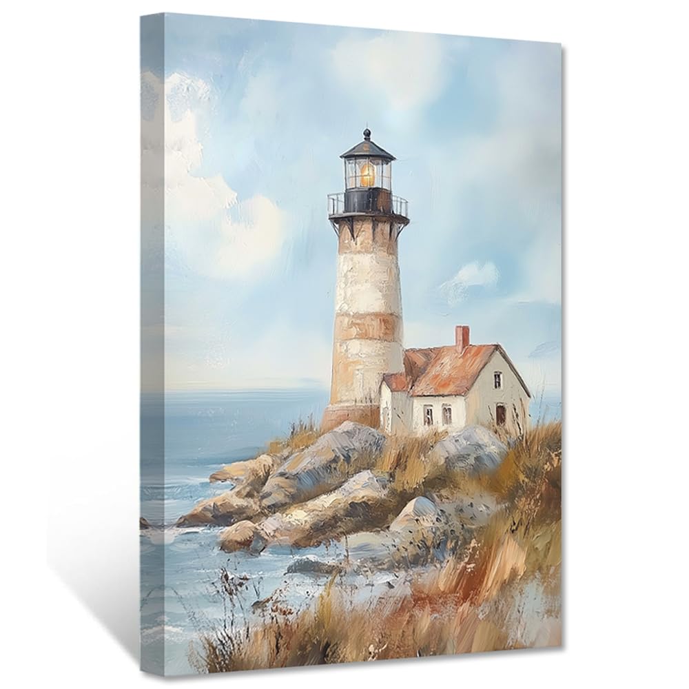 CCWACPP Ocean Lighthouse Wall Art Coastal Canvas Prints Seascape Pictures Beach Artwork Nautical Posters Sea Landscape Bathroom Bedroom Decor Framed (30.00 x 45.00 cms)