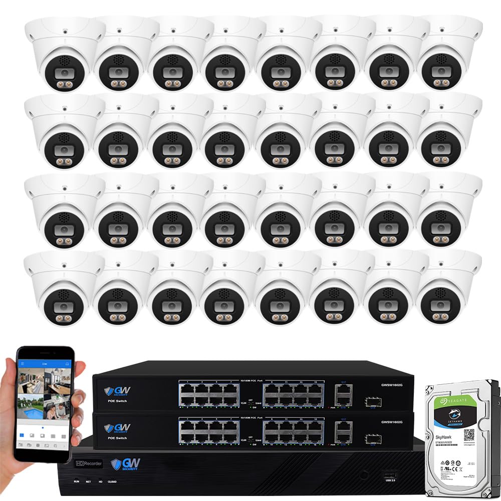 GW Security 32 Channel 8MP Fulltime Color Night Vision 4K NVR Security Camera System with 32 UltraHD 4K Two-Way Audio Outdoor/Indoor Smart AI Face