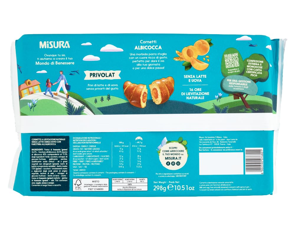 3X Misura Privolat Cornetti Albicocca Senza Latte e Uova (Lactose Free), Croissant Soffici e Farciti, 298g