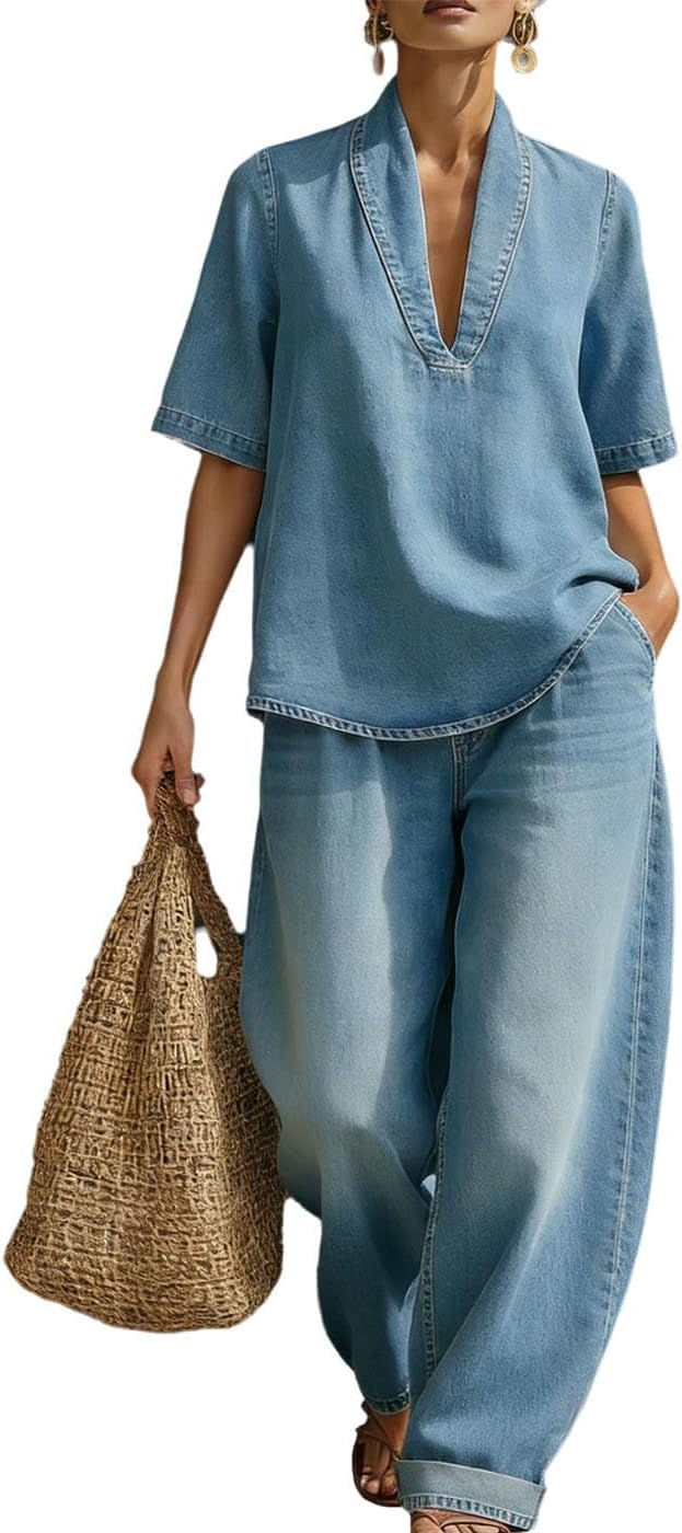 Wuitrie Denim Two Piece Set for Women V Neck Short Sleeve Blouse Tops Wide Leg Jean Pants Pants Going Out Casual Outfits