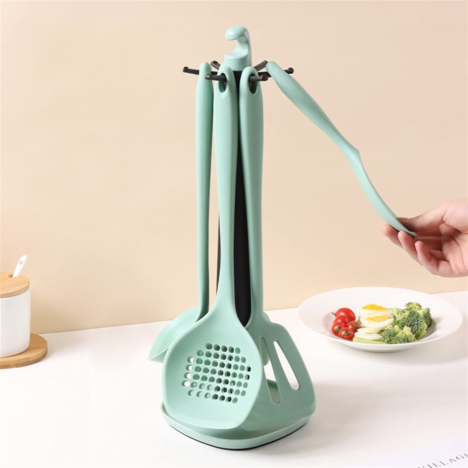 Espátula Juego de espátula de silicona: 6 piezas de utensilios de cocina, incluye espátula, cuchara for sopa, espátula for freír, colador, cuchara for arroz, estante de almacenamiento, espát