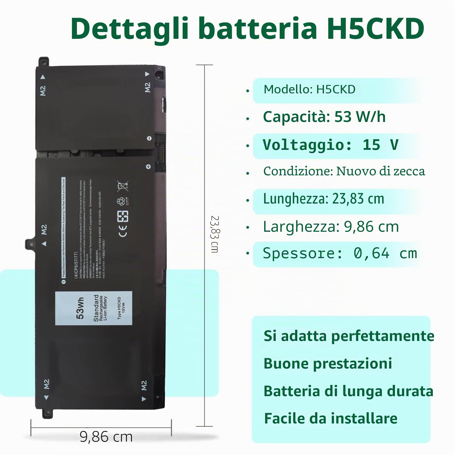 Batteria di ricambio 53Wh H5CKD 15V per Dell Inspiron 5400 5406 7405 7300 7306 7500 7506 2 in 1 argento 5300 5301 5401 5402 5408 5409 5501 5501 2 5500 8 5509 Series Latitude 3410 3510 Vostro 5300 5301 | 7306 7500 7506 2 in 1 argento 5300 5301 5401 5402 54