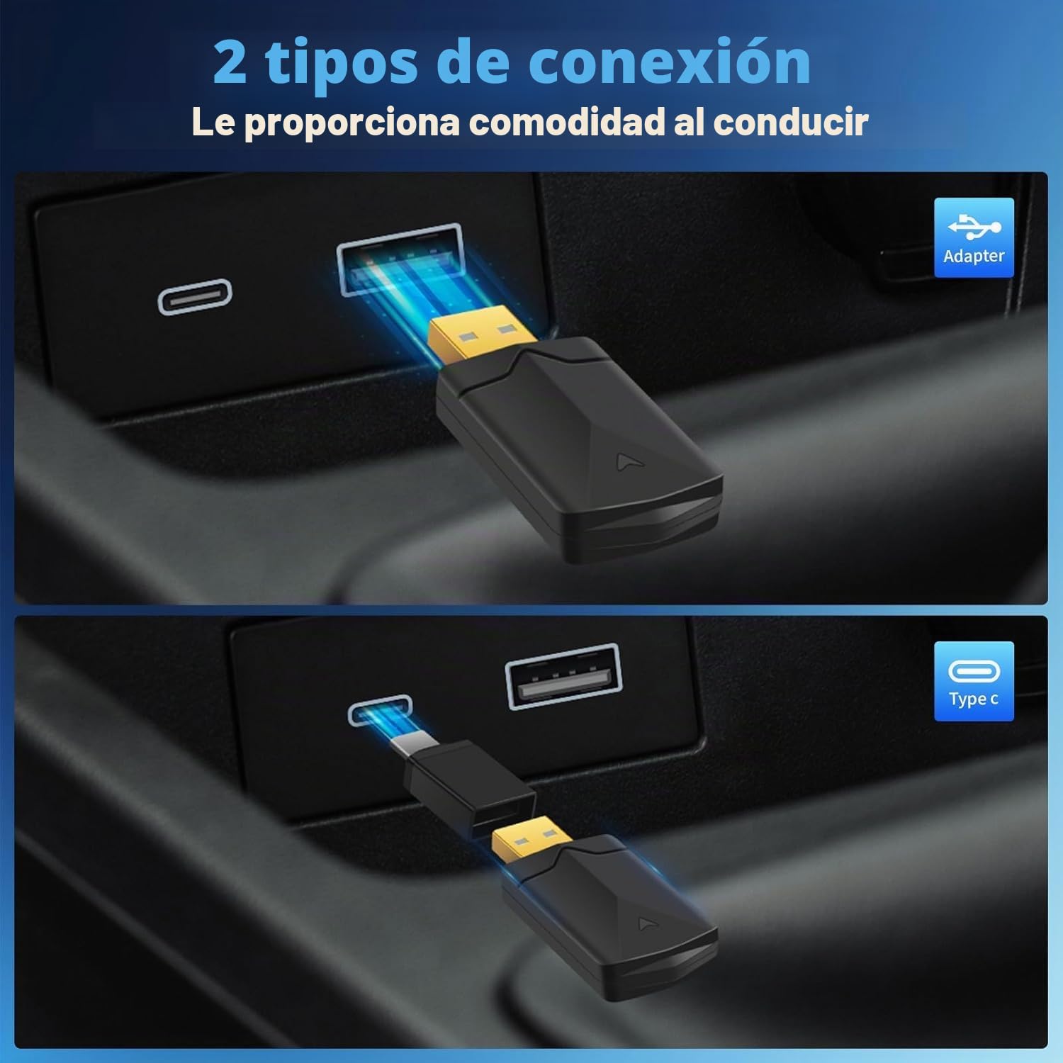 Adaptador Inalámbrico 2 en 1 para CarPlay y Android Auto, Convierte Conexión por Cable a Inalámbrica, Fácil de Conectar y Usar, USB C/A, Mini y Estable, Compatible con iOS 10+ y Android 11+