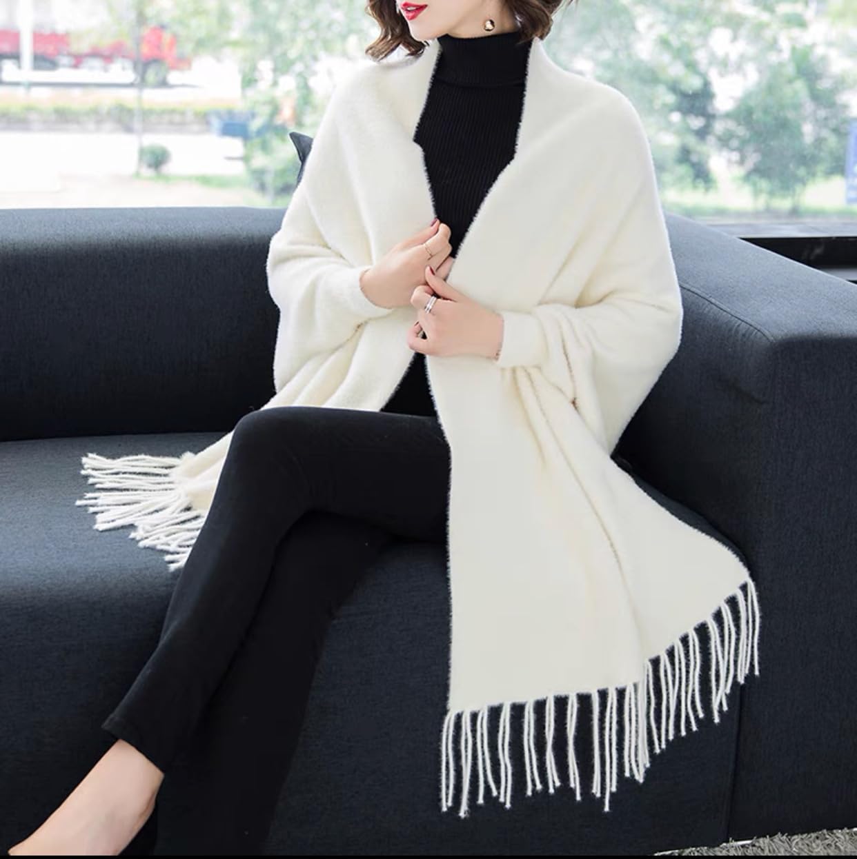 Mantella da Donna, Scialle, Maglione Lungo Lavorato A Maglia, in Pile di Visone Sintetico Bianco, Aperto sul Davanti, Cardigan, Poncho, Caldo Invernale, Grande Sciarpa, Coperta, Mantello, E