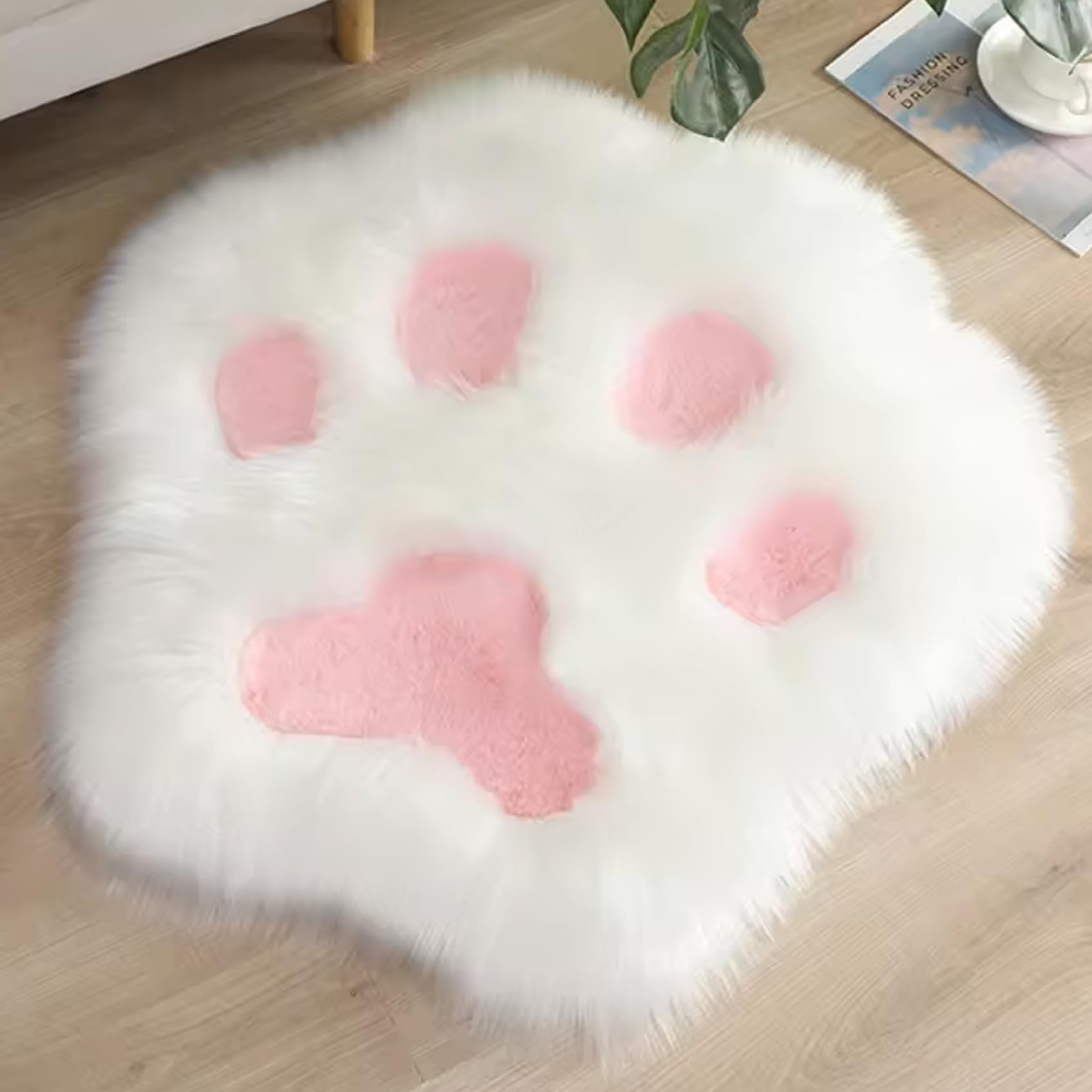 Jorzer Tappeto a pelo lungo bianco con zampa di gatto, 61 x 61 cm, antiscivolo, delicato sulla pelle, traspirante, in poliestere, decorazione per camera da letto, soggiorno