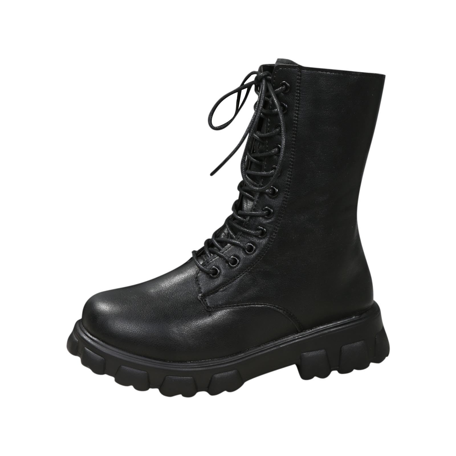 Ankle Boots for Women Fashion Solid Color Round Toe Platform Short Booties Casual Side Zipper Lace Up Chunky
