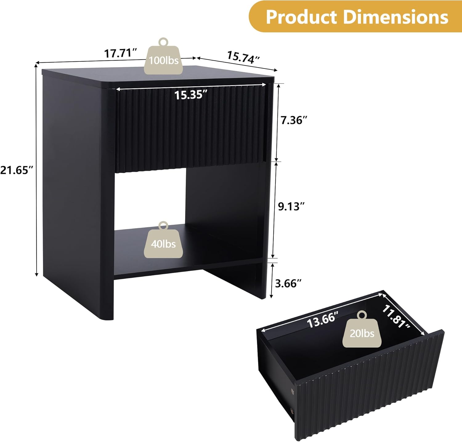 Modern Black Nightstand Set of 2 with Drawer