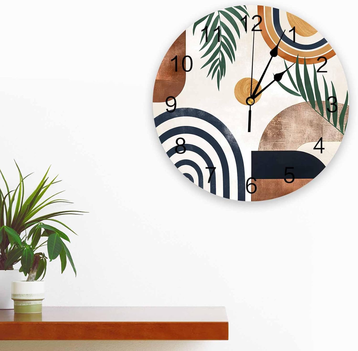 Bohemian Palm Leaf Wall Clock 12 Inch Silent Non-Ticking Battery Operated Kitchen clocks, Abstract Lines Geometric PVC Round Clock for Living Room, Bedroom, Kitchen, Office, Bathroom, Outdoor, School