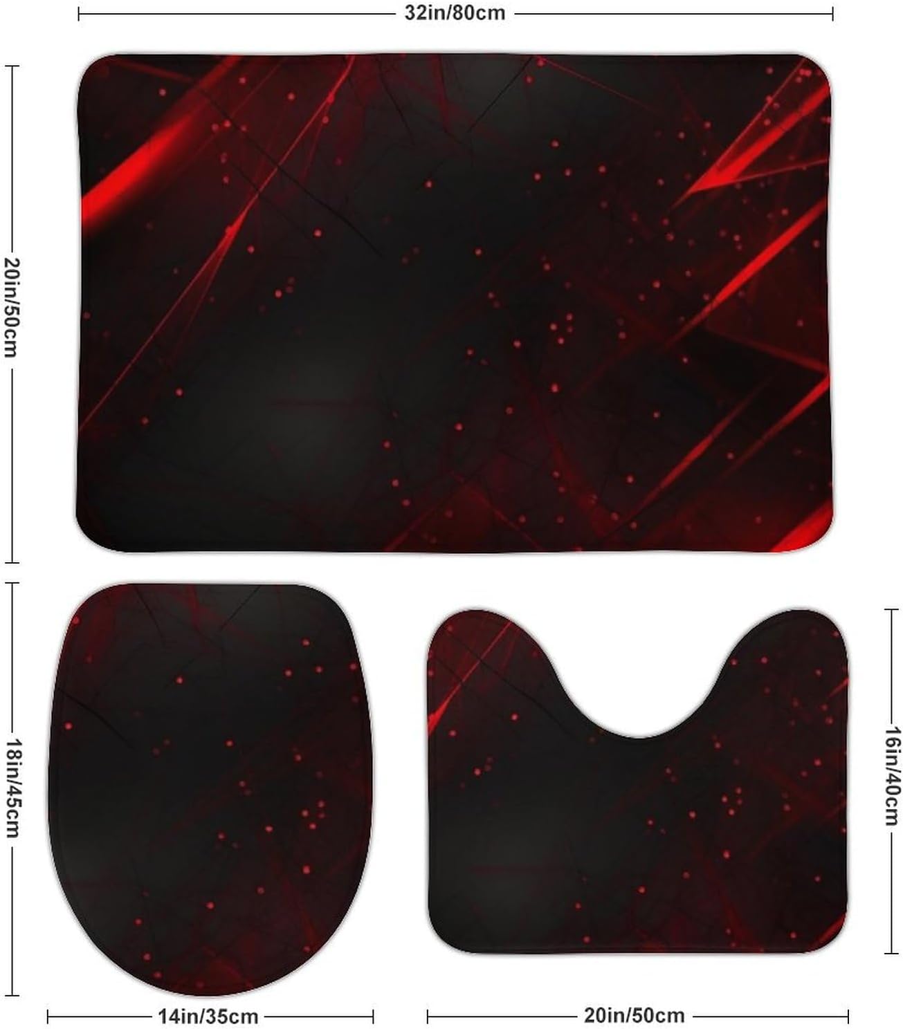 Anti-Skid Floor Mats 3 Piece Set,Black and Red Background Printed Coral Fleece Bathroom Mats U-Shaped Contour Mat Toilet Seat Cover for Bathroom, Tub, Shower, Kitchen 19.7"x31.5"