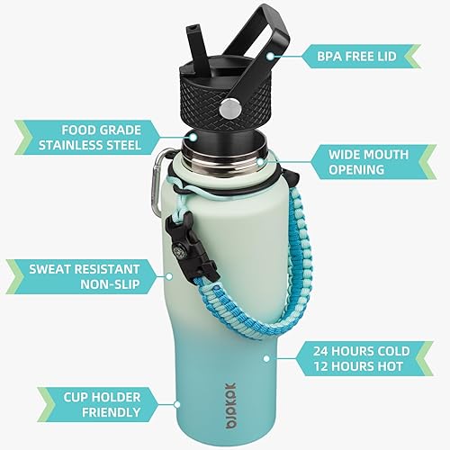 Miniatura 2 de BJPKPK Botellas de agua aisladas con tapa con pajilla, botella de agua de metal de 23 onzas con 2 tapas y correa de paracaídas, vasos de acero
