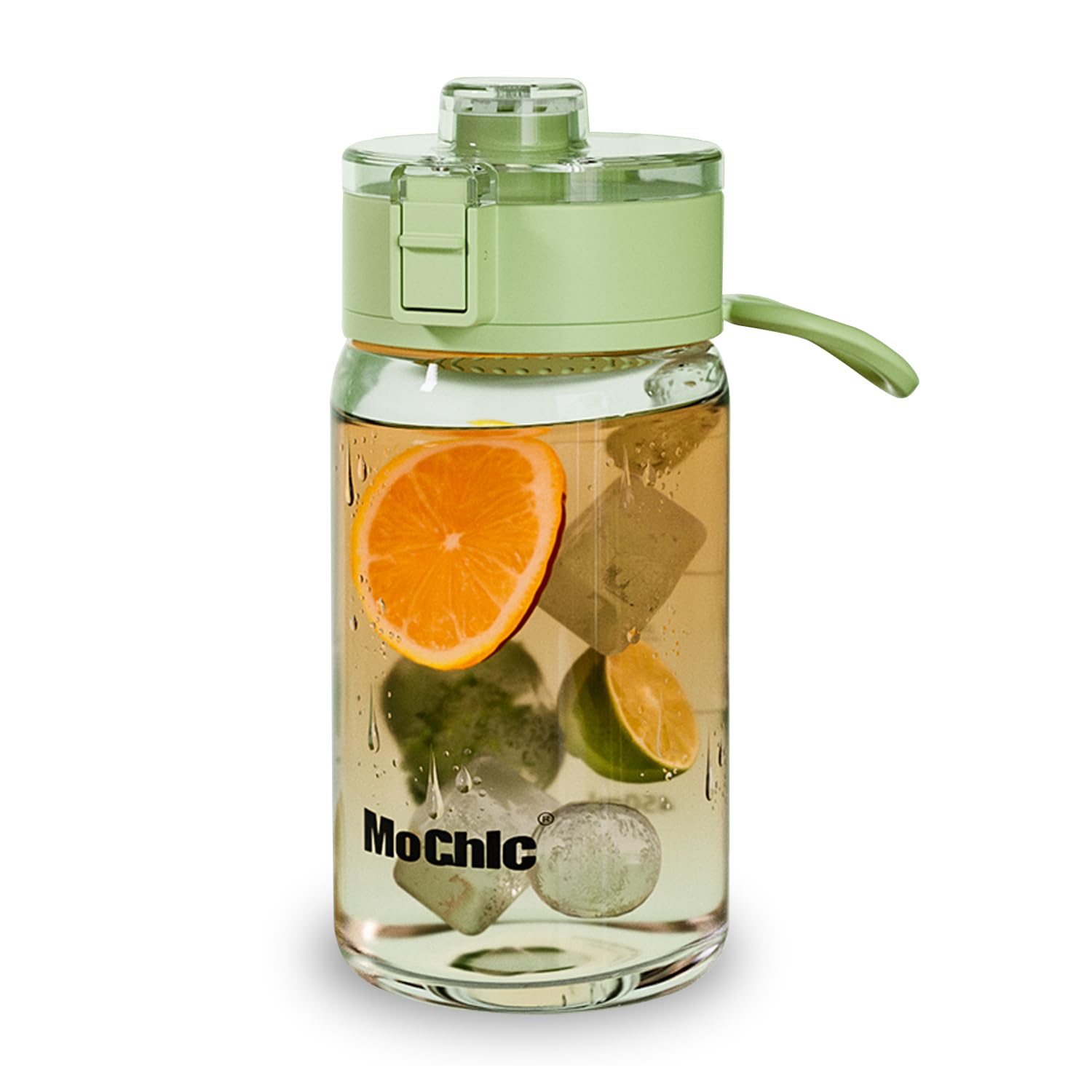 MOCHIC CUP15oz Kids Water Drinking Bottle transparent Water Jug Leak-Proof Locking Flip Lid and Soft Touch Carry Loop hydro jug with Removable Strainer for Girls & Boys(Matcha green)