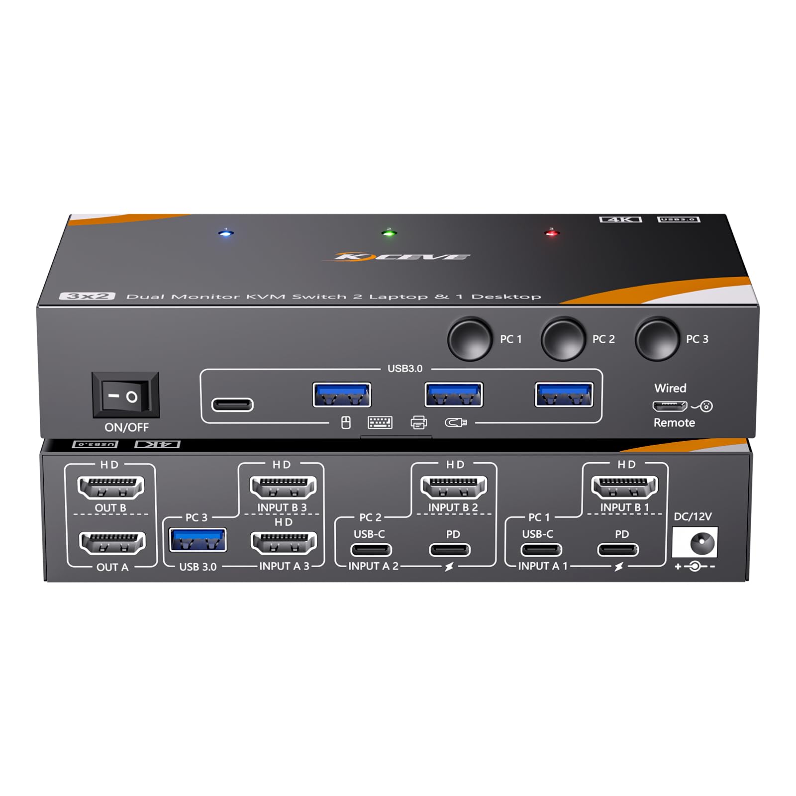 KVM Switch 3 PC 2 Monitor USB-C HDMI, USB 3.0 Dual Monitor Switch KVM pour 2 Laptops 1 Desktop Partagés Clavier Souris, 100W PD, 4K@60 Hz, Wired Remote(4K USB C HDMI 3 in 2 out KVM)