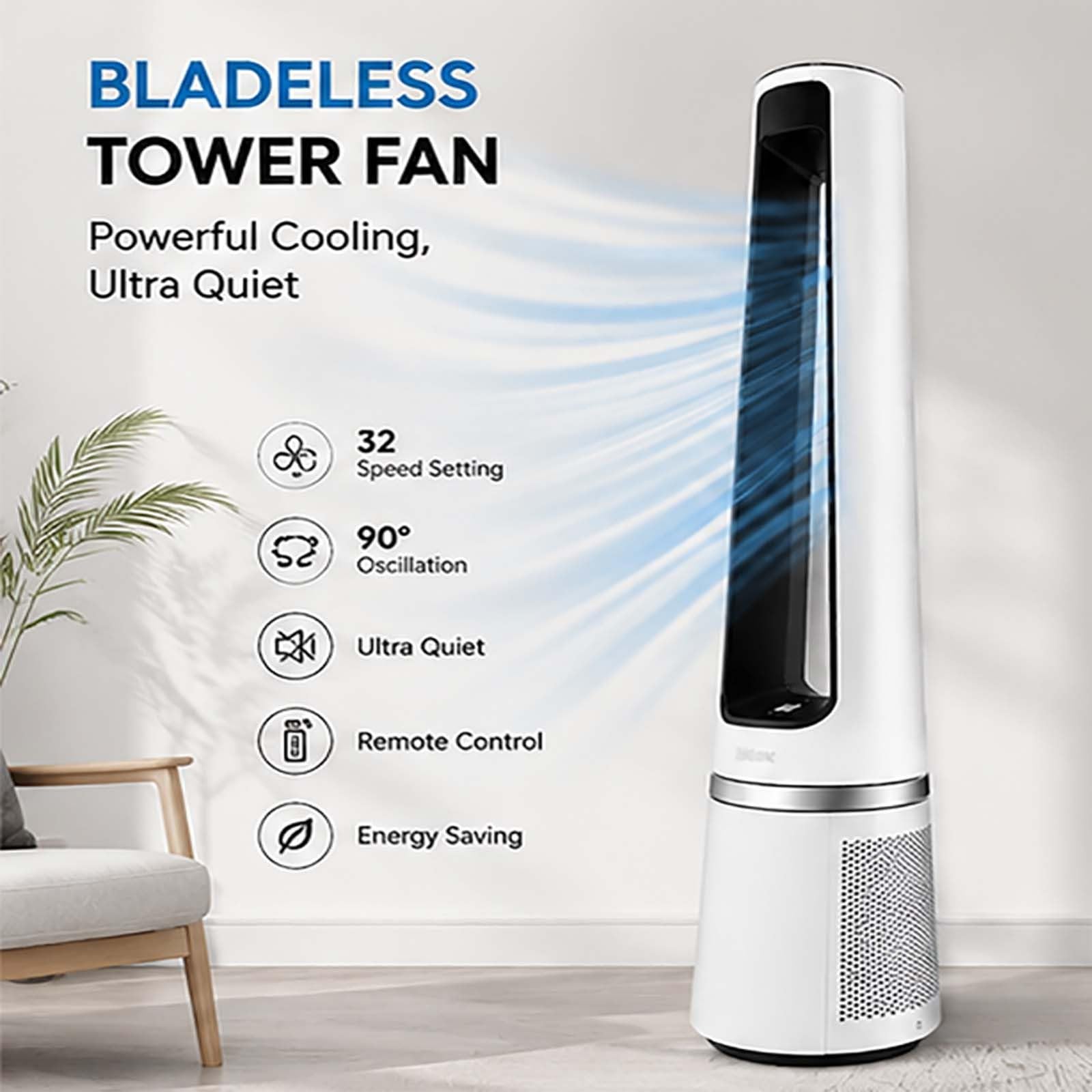Ventilador de Torre sin aspas, silencioso, con 32 velocidades, oscilante de 90°, con Pantalla LED y Motor de CC, Ideal para Sala de Estar y Dormitorio. White