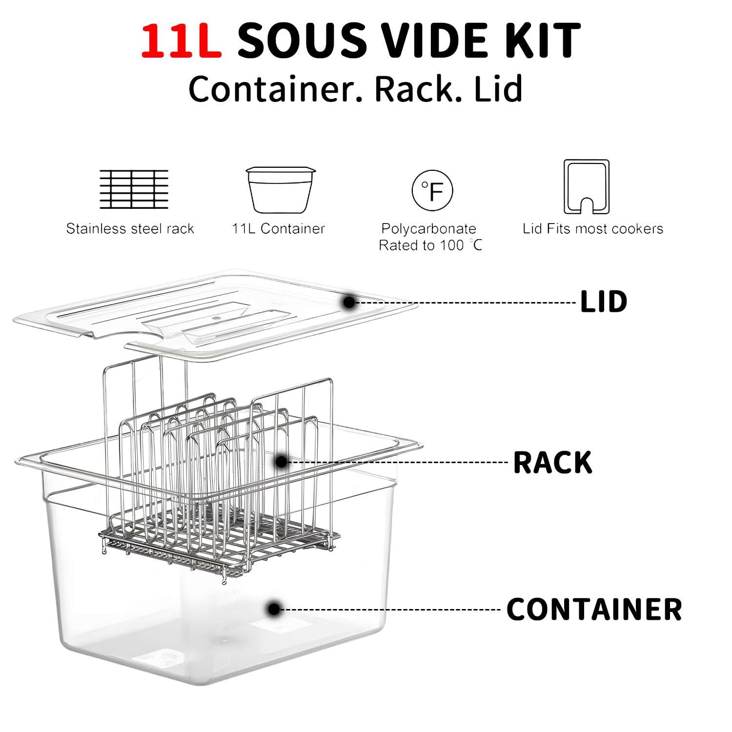 Sous Vide Behälter -11L mit Deckel und Rack für Sous Vide Stick Garer Mehrere Marken, Multifunktionaler Transparenter Behälter(Frei von BPA)