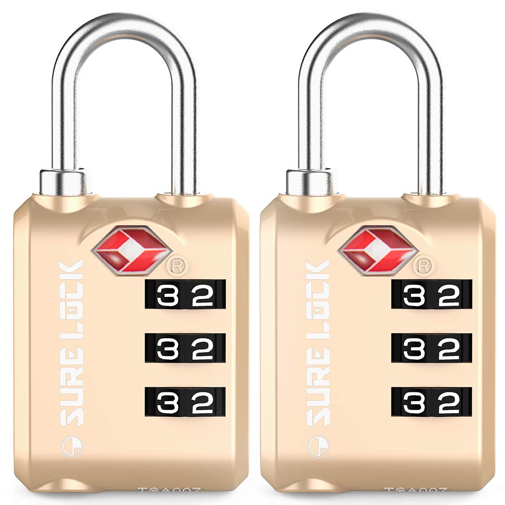 SURE LOCKTSA Approved 3 Digit Luggage Locks With Zinc Alloy Body and Hardened Steel Shackle To Lock Travel Suitcase (CHAMPAGNE GOLD 2 PACK)