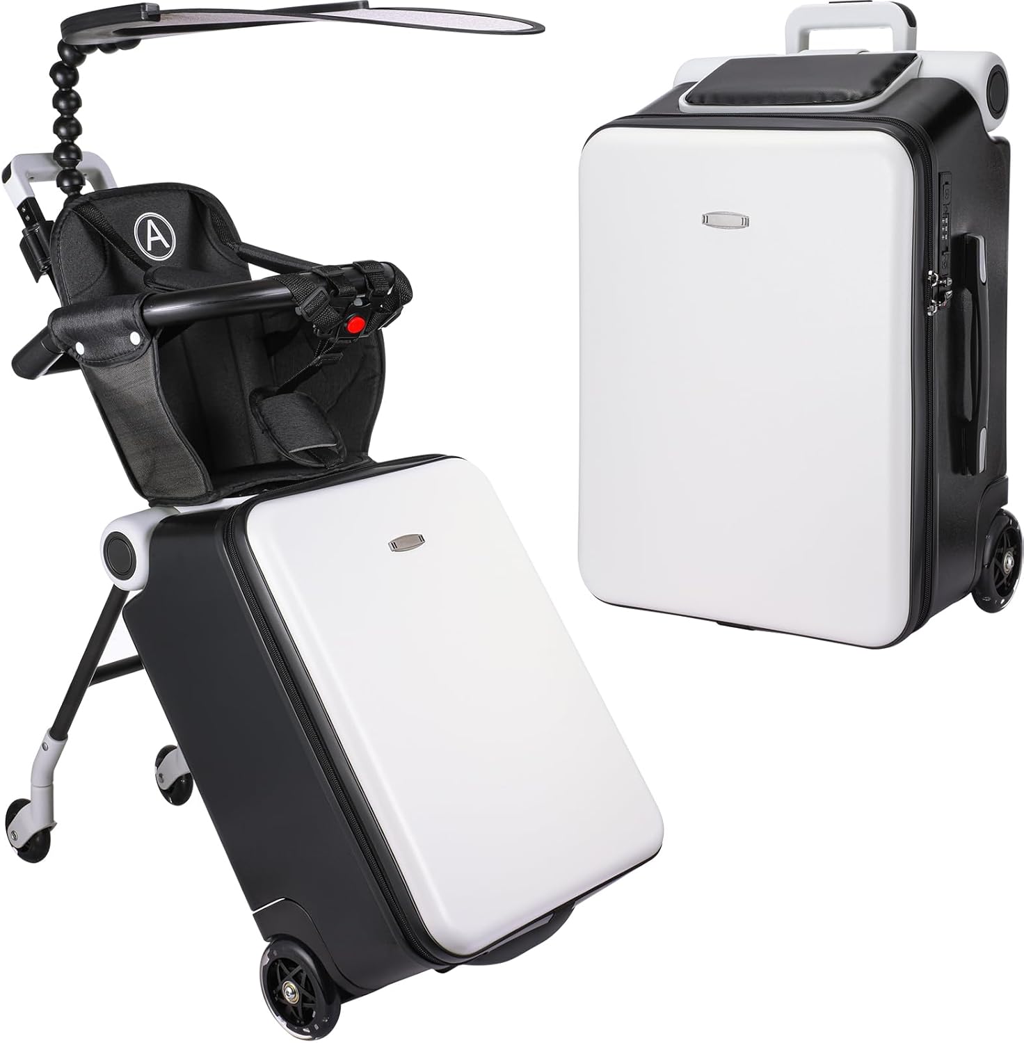 20 Inch Carry on Luggage with Seat for Kids Expandable Ride on Suitcase with Spinner Wheels and Locks for Travel (White,Sunshade Style)