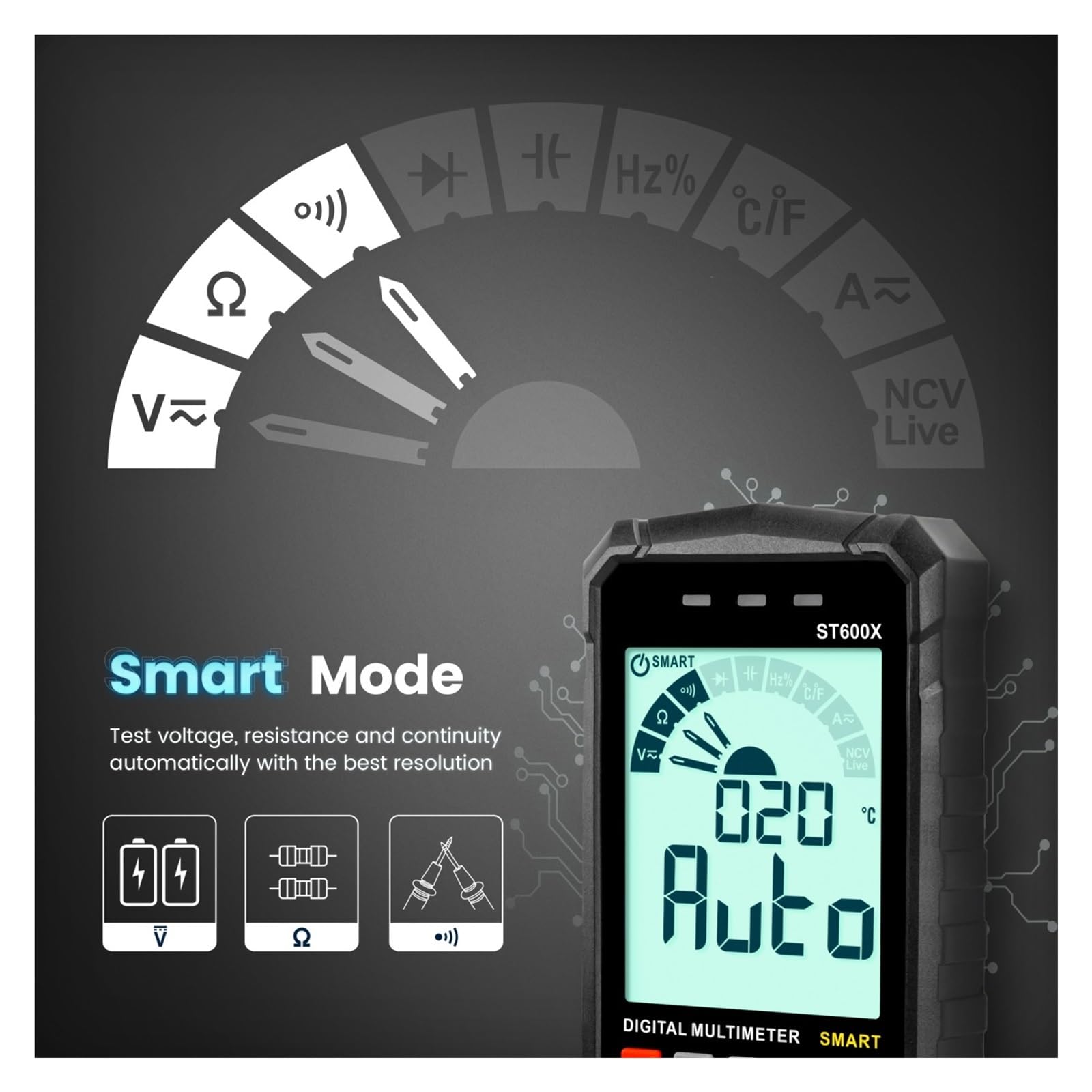 Multímetro Digital ST600X Ture Rango Automático NCV Inteligente Probador AC DC Capacitancia De Voltaje Ohm Hz Medidor Lectura Rápida Precisa Sencilla(ST600X-Blue)