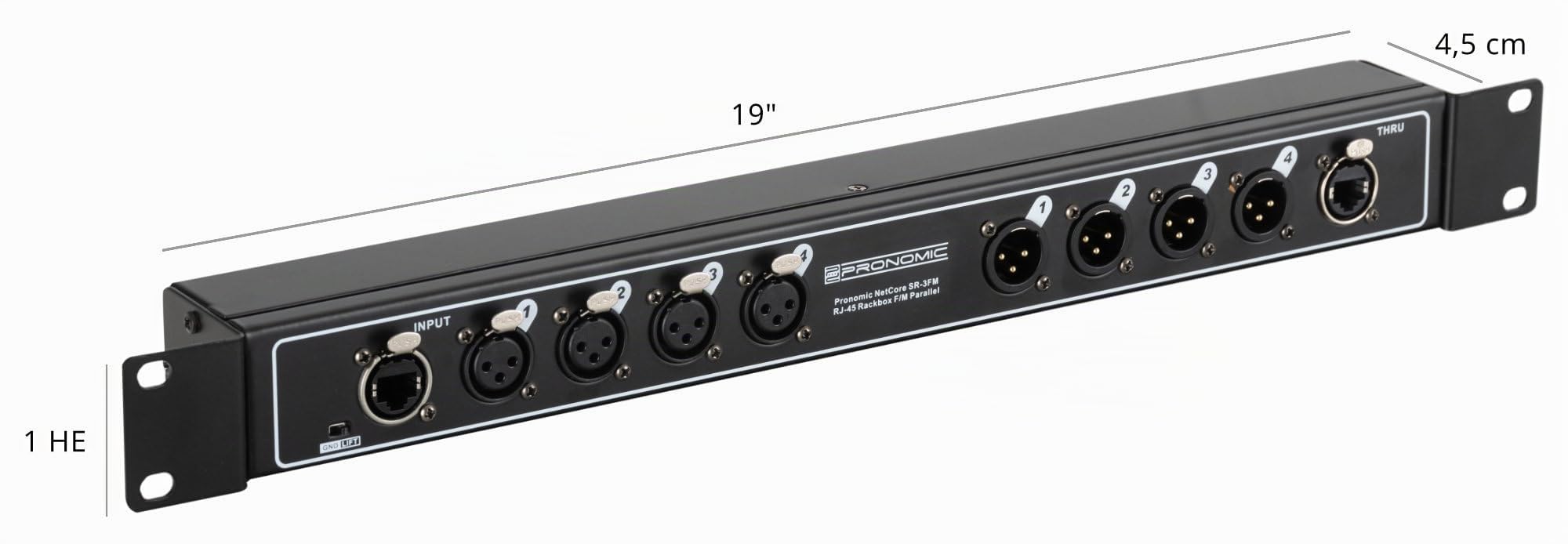 Pronomic NetCore SR-3FM Multicore-Rackbox F/M Paralelo: rack con 4 XLR hembra, 4 XLR macho y 2 RJ45 para transmisión de señales analógicas o digitales.