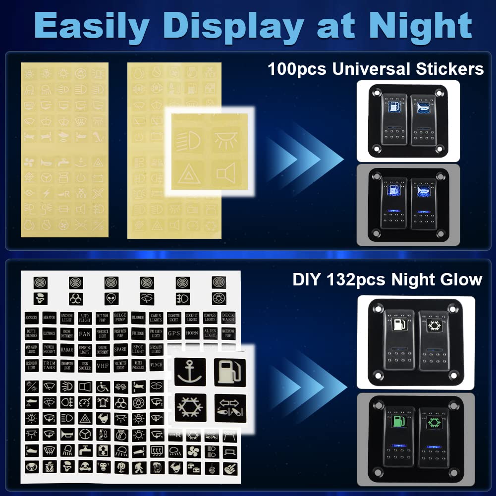 WATERWICH 2 Gang Aluminum Switches 5 Pin On/Off Toggle Marine Car Boat Panel with Night Glow Stickers for RV Truck Vehicle