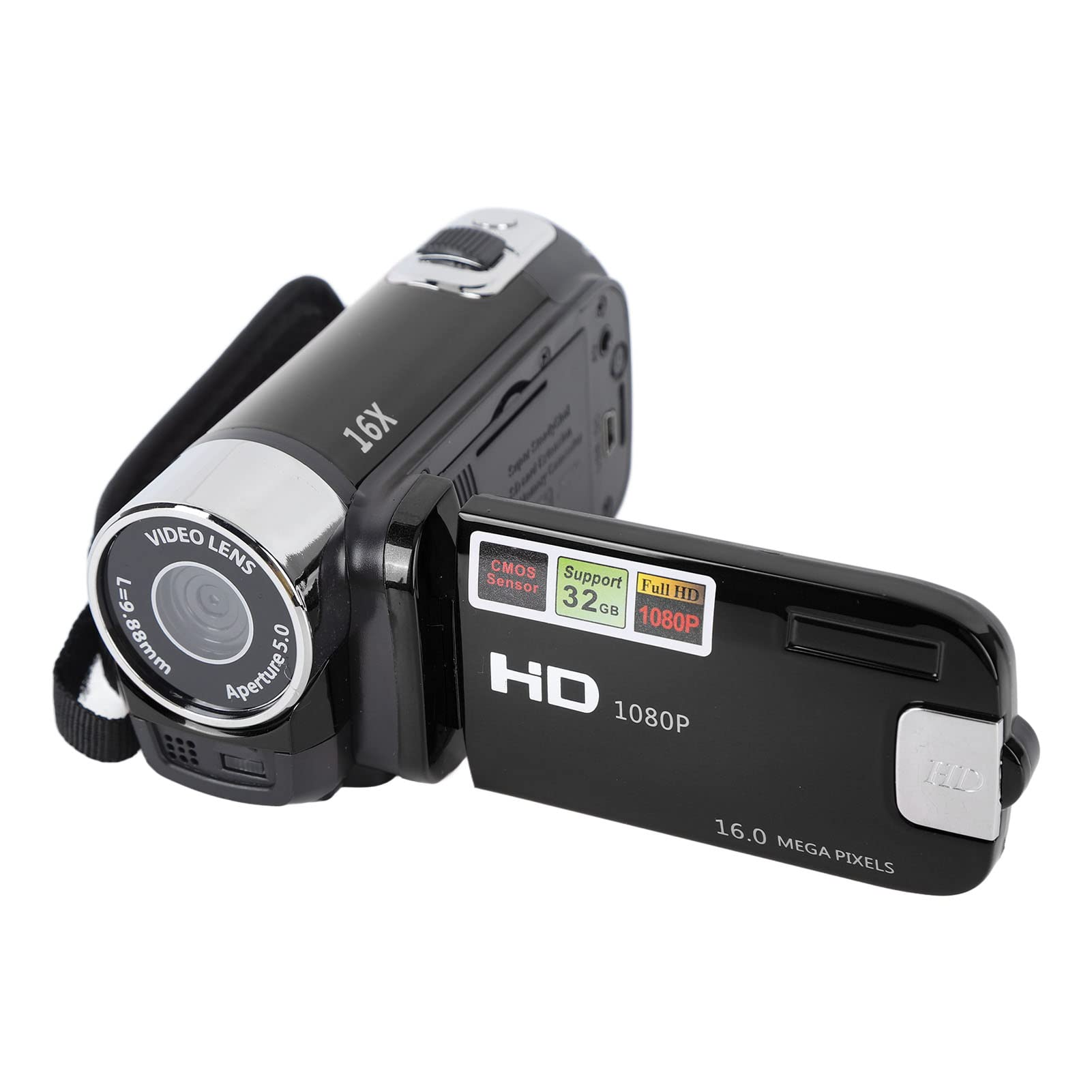 Cámara de Video, Videocámara con Pantalla Giratoria TFT de 2,7 Pulgadas, Videocámara con Zoom Digital de 16 MP y 16 Aumentos con Cable USB, para Viajes, Matrimonio, Registros de (Negro)