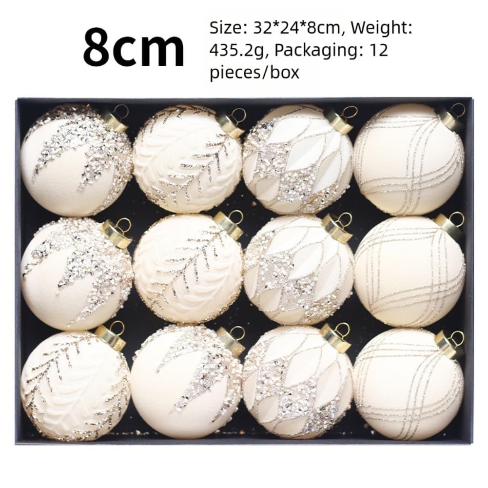 Juego de adornos de bolas de Navidad flocadas de 8 cm, 12 piezas de decoraciones de árbol con purpurina para decoración navideña y de temporada