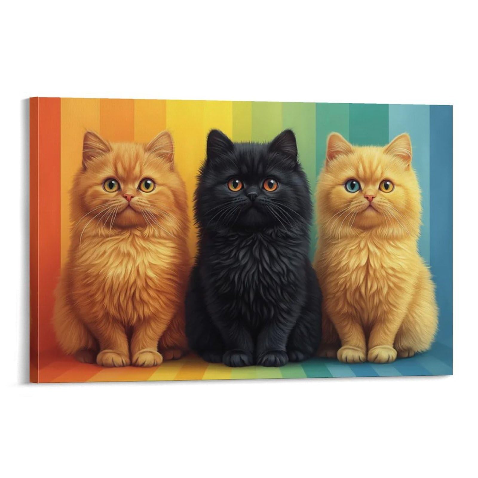 CPLVKWRQJ Cat Individual Three Cats on Rainbow Background Canvas Print - Office Wall Art Fade Resistant Statement Piece Ready to Hang 16x24inch(40x60cm)