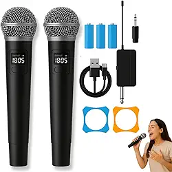 Kit Microfone Sem Fio Profissional, 2 Unidades, LED Digital, Recarregável, com Adaptador UHF, para Karaokê, Eventos e Palestras