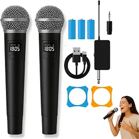 Kit Microfone Sem Fio Profissional, 2 Unidades, LED Digital, Recarregável, com Adaptador UHF, para Karaokê, Eventos e Palestras