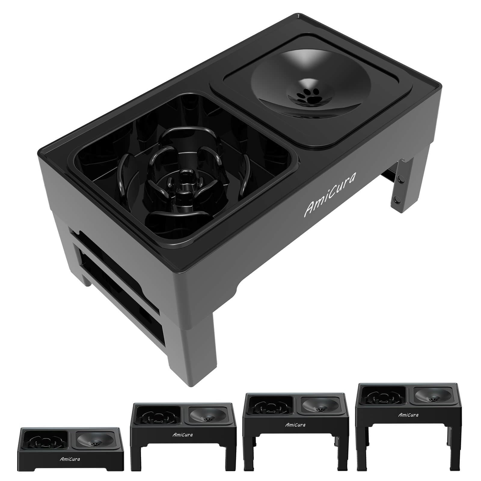 Amicura Raised Dog Bowl: 2-in-1 Leak-Proof Foldable Water Bowl & Slow Food Bowl wit h 4 Height Adjustable Bowl Stand for Large Medium Small Dogs & Pets at Home