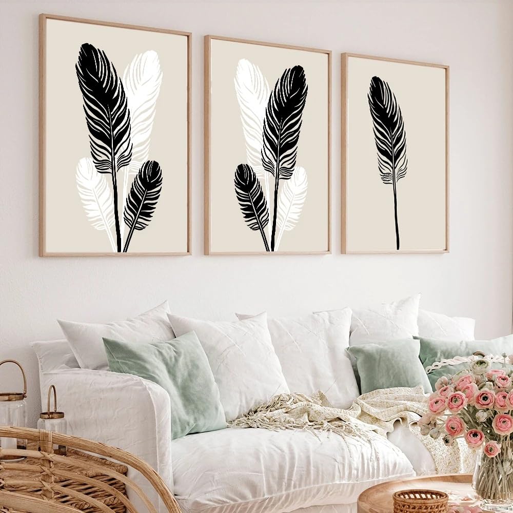 WUHBCZ Canvas Paints-Abstract Art Prints Posters Neutral Feather Botanical Wall Art Print Beige Black Canvas Painting for Living Kitchen Room Home Decoration-60 * 80cm/3PCS (No Frame)