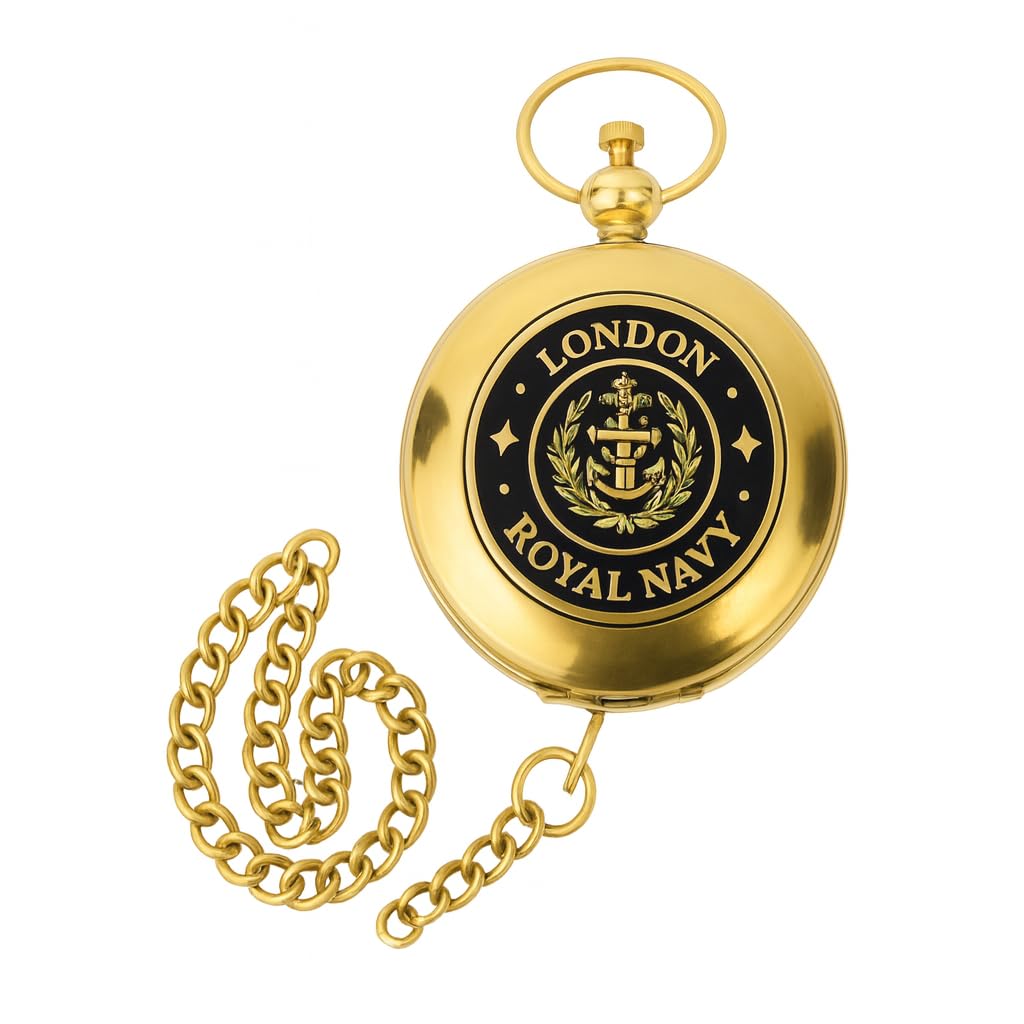 Vintage Brass Pocket Watch with Chain | Royal Navy 1915 Engraved Lid & Roman Numeral Quartz Dial | Antique Gold Pocket Watch for Men, Boys, Cosplay, Collectors & Gifting-image-29