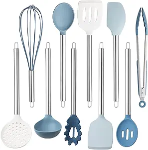 COOK WITH COLOR Silicone Cooking Utensils, 10 Pc Kitchen Utensil Set, Easy to Clean Silicone Kitchen Utensils, Cooking Utensils for Nonstick Cookware, Kitchen Gadgets Set (Blue and White)
