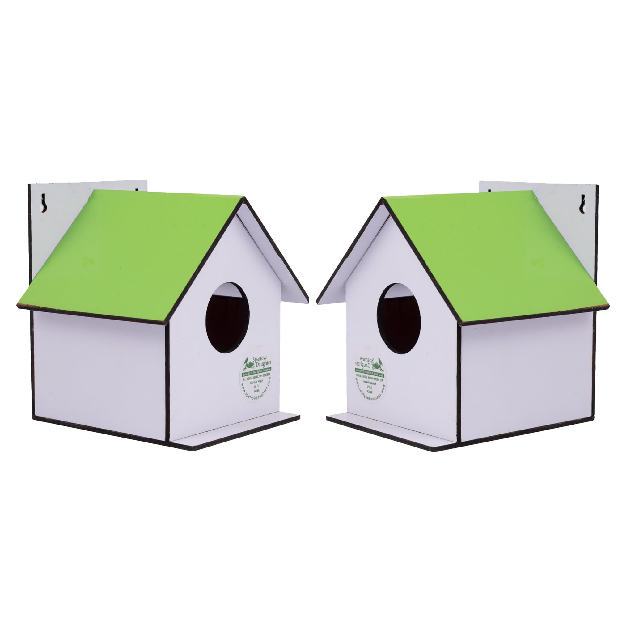 Sparrow Daughter Hut Shape MDF Bird House for House Sparrow, Love Birds, Wooden Bird Nest for Balcony & Garden Hanging, Small (Set of 2) Light Green Color