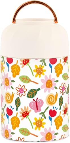 Recipientes aislados a mano con cuchara de 17 oz16.9 fl oz, con hojas de flores, color blanco, para niños, mujeres, contenedor térmico aislado al